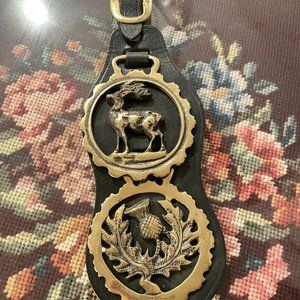 2 Vintage Equestrian Horse Medallions Brasses on Leather Harness